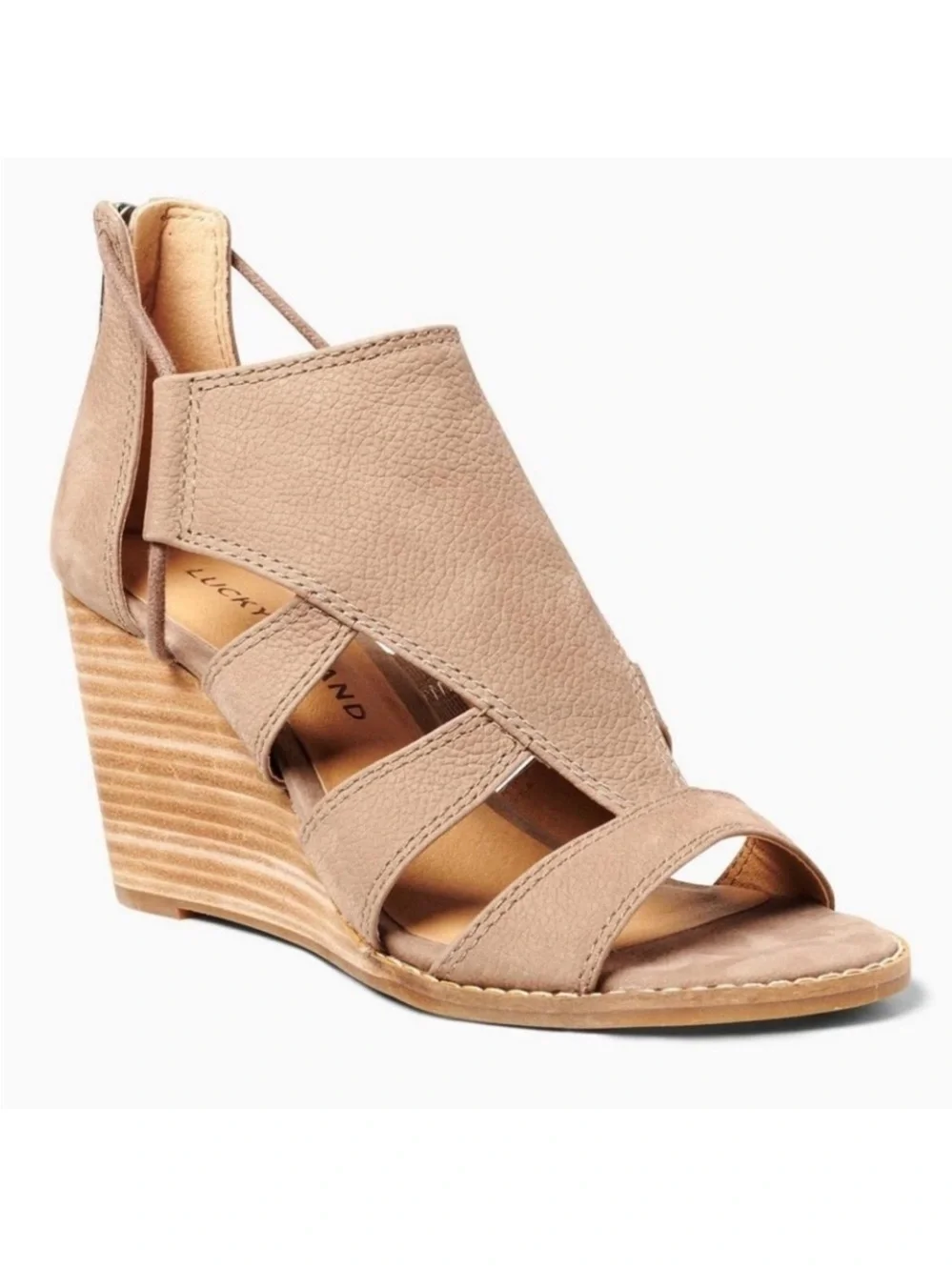 Lucky Brand Joellen Caged Suede Wedge Sandal Taupe 9.5 NWOB